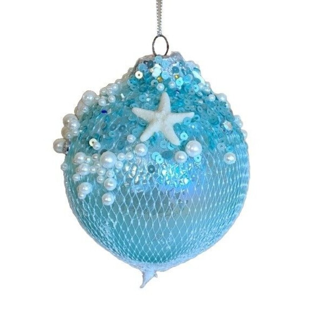 December Diamonds 79-81266 Blue Bead Sequin Net 4" Glass Christmas Ornament